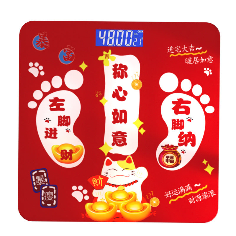 Bluetooth Rechargeable Body Fat Scale featuring a bright red glass platform, blue digital display and festive gold and white cat motif