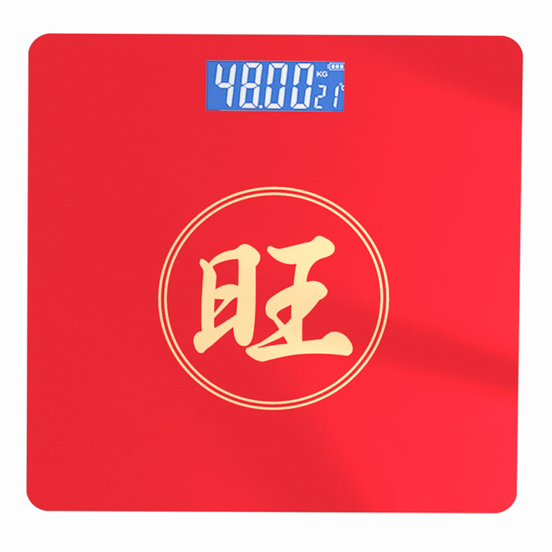 Bluetooth Rechargeable Body Fat Scale in bright red with a blue digital display and a gold circular Chinese character design
