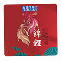 Bluetooth Rechargeable Body Fat Scale with a red glass surface, colorful koi fish design and blue digital display