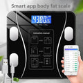 Bluetooth Rechargeable Body Fat Scale with glossy black glass, silver sensor pads, blue digital display and a phone app readout.