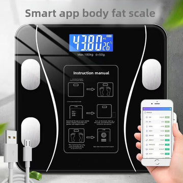 Bluetooth Rechargeable Body Fat Scale with glossy black glass, silver sensor pads, blue digital display and a phone app readout.