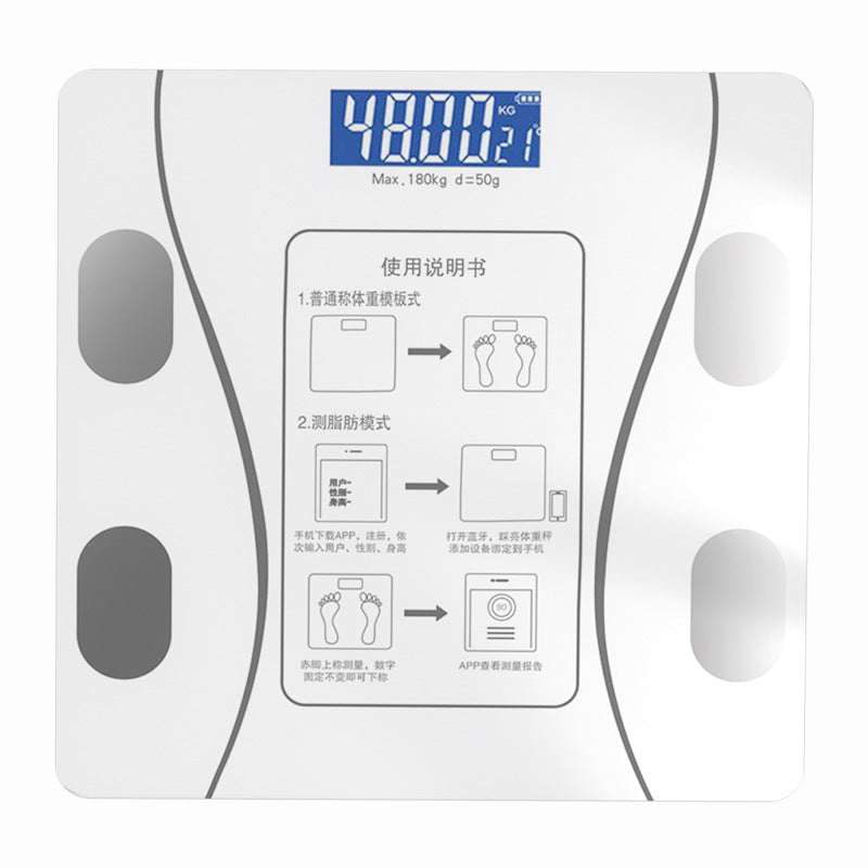 Bluetooth Rechargeable Body Fat Scale with a white tempered-glass surface, four dark metallic sensor pads, and a blue digital display