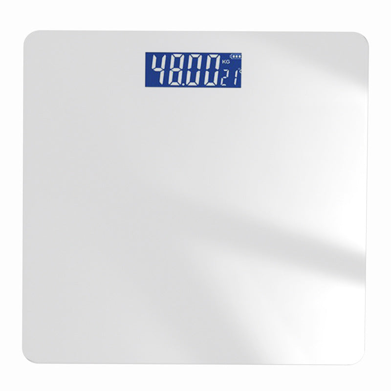Bluetooth Rechargeable Body Fat Scale in white with a smooth glass surface and blue digital weight display