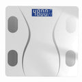 Bluetooth Rechargeable Body Fat Scale with a white glass platform, four dark sensor pads, curved gray lines and blue digital display