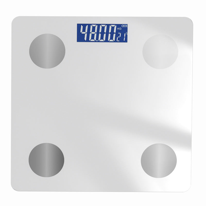 Bluetooth Rechargeable Body Fat Scale in white glass with four circular metallic sensors and a blue digital display