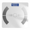 Bluetooth Rechargeable Body Fat Scale with a white square glass platform, silver contact sensors and blue digital display