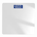 Bluetooth Rechargeable Body Fat Scale with a smooth white glass platform and blue digital LCD weight display.