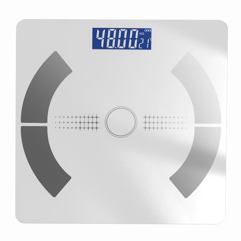 Bluetooth Rechargeable Body Fat Scale with a white glass platform, four gray electrode pads, and a blue digital display
