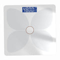 Bluetooth Rechargeable Body Fat Scale in white glass with a gray petal pattern, circular center accent, and blue digital display