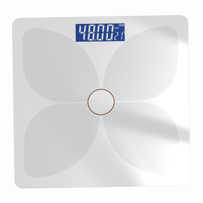 Bluetooth Rechargeable Body Fat Scale in white glass with a gray petal pattern, circular center accent, and blue digital display