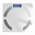 Bluetooth Rechargeable Body Fat Scale with a white glass platform, four curved gray sensor pads, and blue digital display
