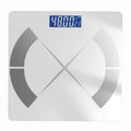 Bluetooth Rechargeable Body Fat Scale with a white glass platform, gray geometric sensor panels, and blue digital display