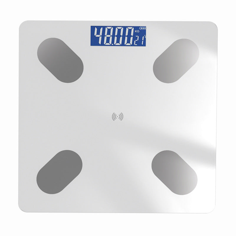 Bluetooth Rechargeable Body Fat Scale with a white glass platform, four gray sensor pads, and a blue digital display