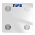 Bluetooth Rechargeable Body Fat Scale with a white glass platform, four round silver sensor pads, and blue digital display