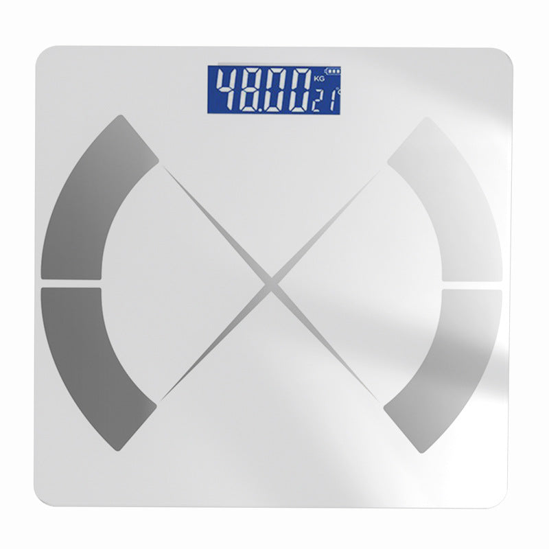 Bluetooth Rechargeable Body Fat Scale with a white glass platform, silver curved sensor panels and blue digital display