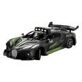 Bugatti Style kids remote control car in black and neon green, with a sporty racing pattern, large rear spoiler and detailed grille.