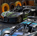 Bugatti Style kids remote control sports car toy in black and green, with racing decals, a rear wing and rugged wheels