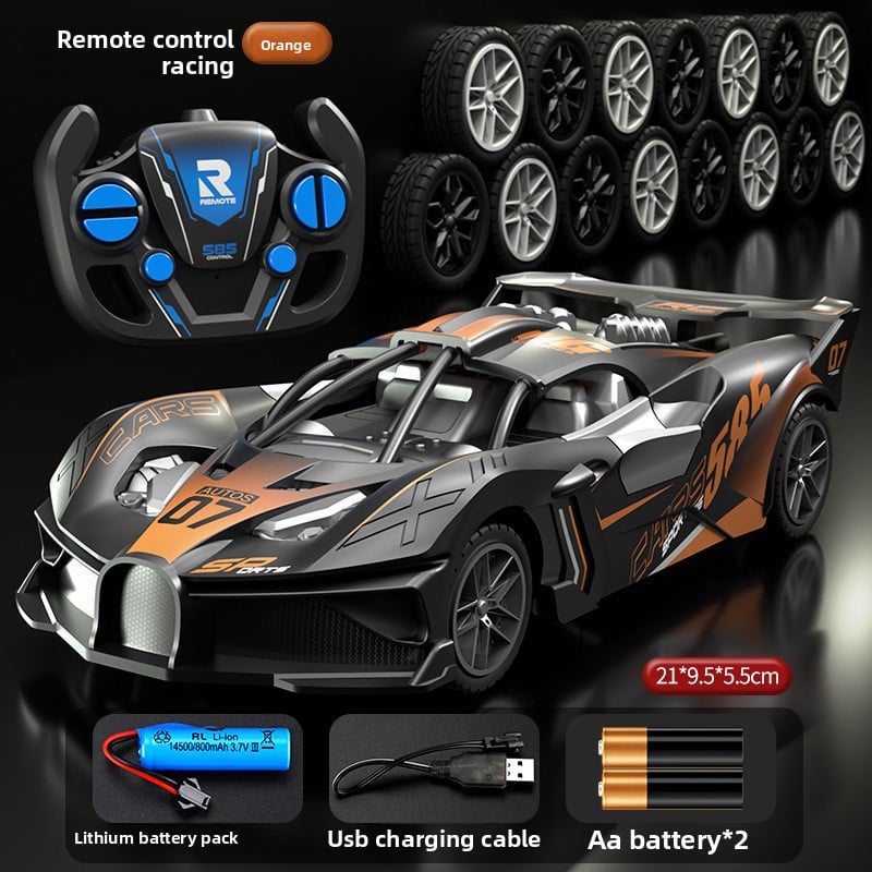 Bugatti Style kids remote control car in black, grey and orange with sporty decals, high rear wing and matching wireless controller