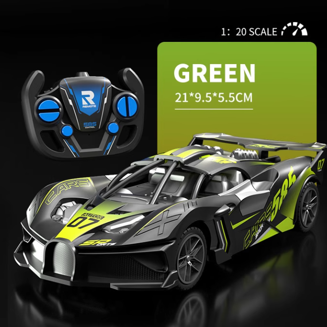 Bugatti Style kids remote control car in black and neon green, with a sporty racing pattern, large rear spoiler and detailed grille.