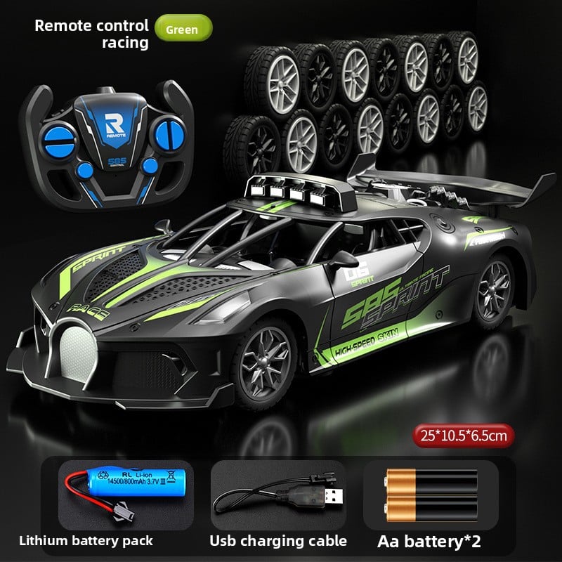 Bugatti Style kids remote control racing car in black and silver with neon green accents, sporty decals and matching controller