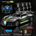 Bugatti Style kids remote control race car in black and silver with lime green stripes, spoiler and sporty decals