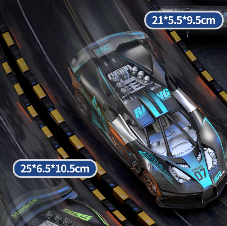 Bugatti Style kids remote control sports car in black and silver with turquoise graphics, racing stripes and cockpit detail