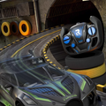 Bugatti Style kids remote control race car, dark gray with green and blue racing stripes and a matching controller