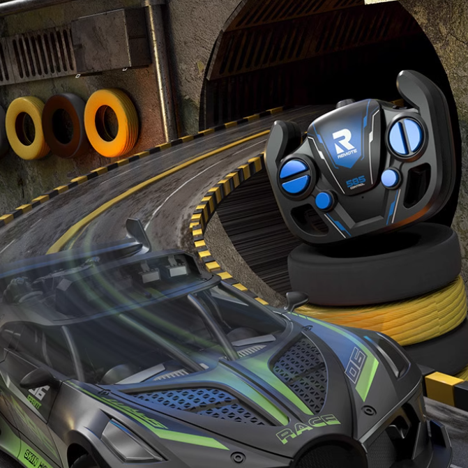 Bugatti Style kids remote control race car, dark gray with green and blue racing stripes and a matching controller