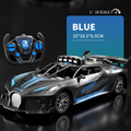 Bugatti Style kids remote control car in metallic silver and black with blue racing stripes, spoiler and wireless controller