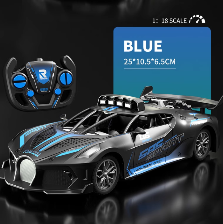 Bugatti Style kids remote control car in metallic silver and black with blue racing stripes, spoiler and wireless controller