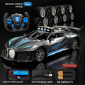 Bugatti Style kids remote control car in silver and black with blue racing decals, paired with controller and battery accessories