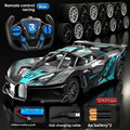 Bugatti Style kids remote-control sports car in silver and blue with racing graphics, plus controller and charging accessories