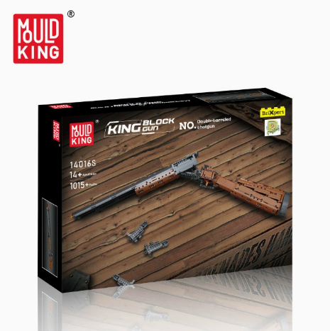 Building Block Gun Series construction toy with a brown and black brick-built rifle model on a woodgrain box.