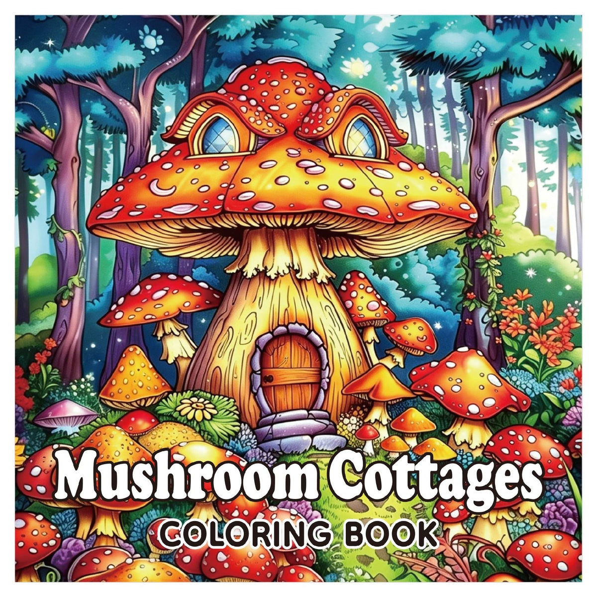 Coloring book featuring a vivid mushroom cottage cover with red-spotted caps, colorful forest details, and bold lettering; Coloring Books for Adults