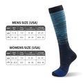 Calf Compression Socks in black and blue polyester with a fine horizontal stripe pattern, ribbed calf and foot зона.