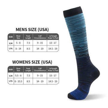 Calf Compression Socks in black and blue polyester with a fine horizontal stripe pattern, ribbed calf and foot зона.