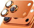 Camera lens protective film in copper-orange tempered glass with raised black-and-orange rings around camera openings