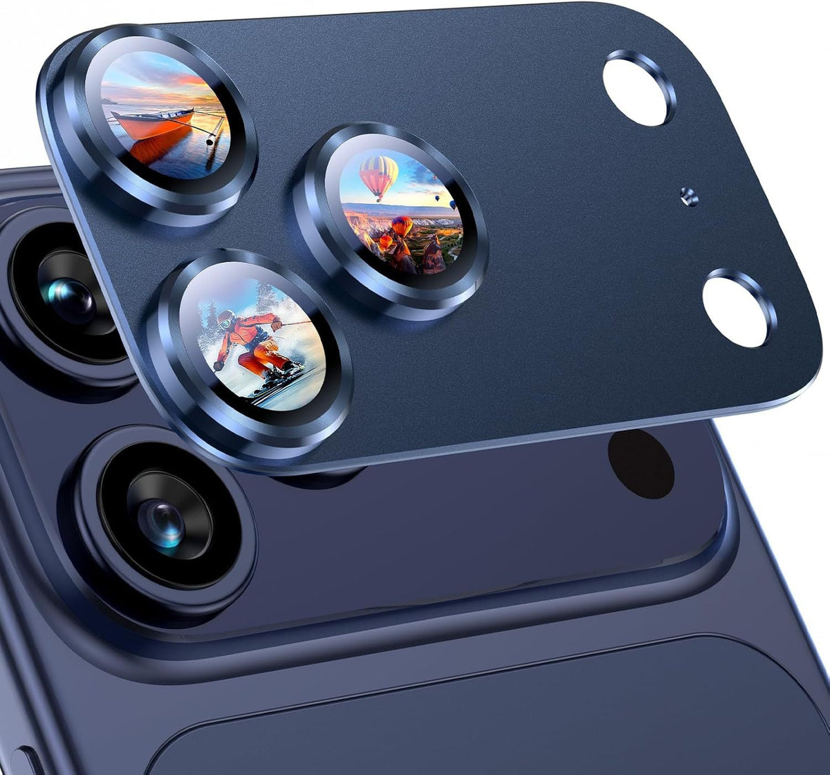 Camera lens protective film in dark blue tempered glass with three raised circular lens guards and two mounting holes