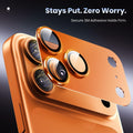 Camera lens protective film in orange tempered glass with a matte finish, featuring raised circular openings for camera lenses.