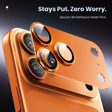 Camera lens protective film in orange tempered glass with a matte finish, featuring raised circular openings for camera lenses.