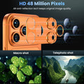 Camera lens protective film in orange-tinted tempered glass, shown aligned over a multi-lens phone camera with AR coating