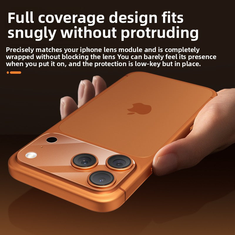 Camera lens protective film in orange-toned tempered glass, covering the iPhone camera module with a slim, flush fit