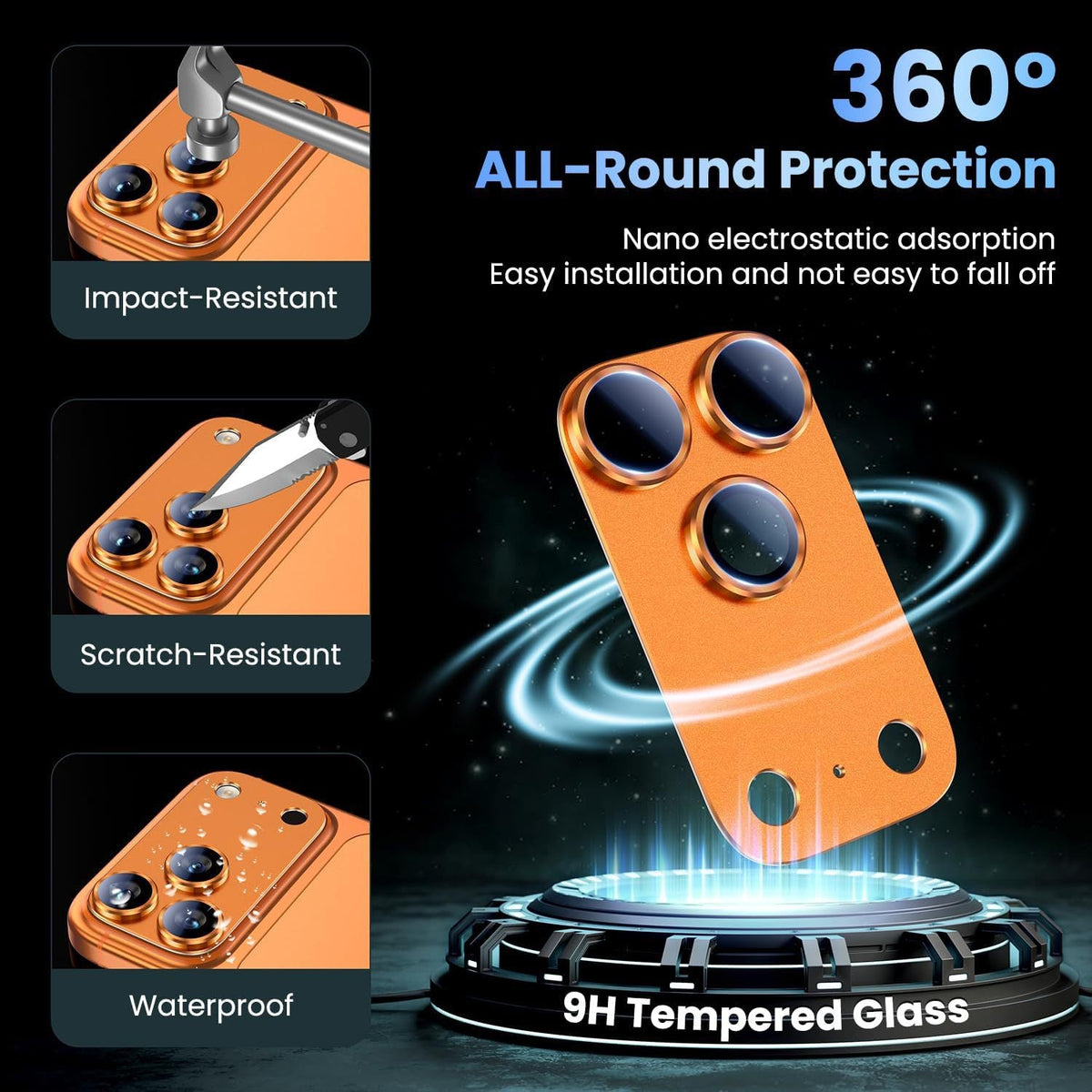 Camera lens protective film in orange-toned tempered glass with three circular lens cutouts and impact-resistant protection