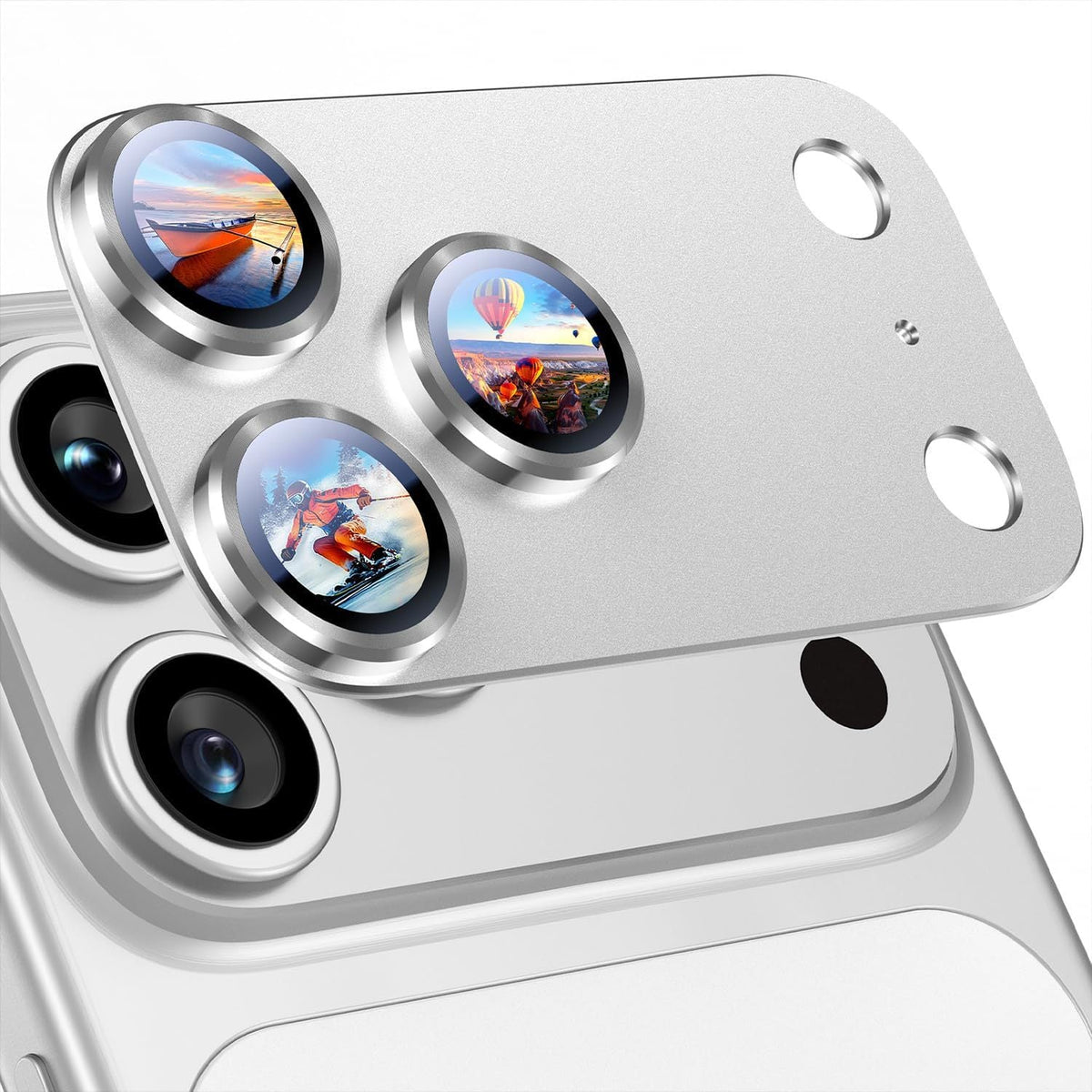 Camera lens protective film in silver tempered glass with three raised circular lens rings and a matte plate