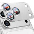 Camera lens protective film with silver tempered glass plate, three raised metallic lens rings, and two circular cutouts