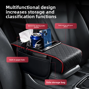 Car-mounted tissue box in black quilted leather with red piping, a tissue slot, cup holder and side storage bag.