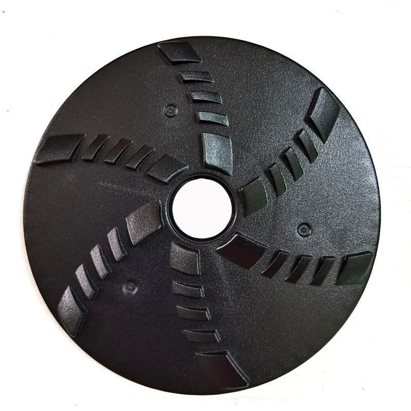Car Window Ice scraper attachment, round black textured plastic disc with a central opening and raised radial blades