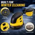 Car Window Ice scraper in yellow and black ABS plastic, featuring a rotating scraper disc, comfort grip, USB port and cover