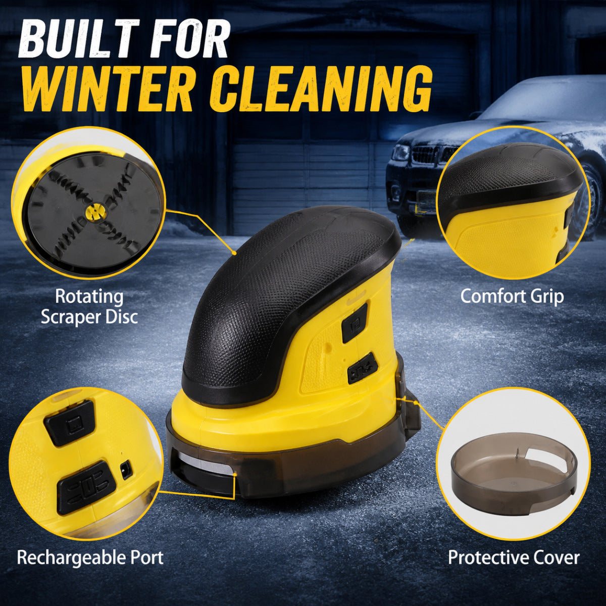 Car Window Ice scraper in yellow and black ABS plastic, featuring a rotating scraper disc, comfort grip, USB port and cover