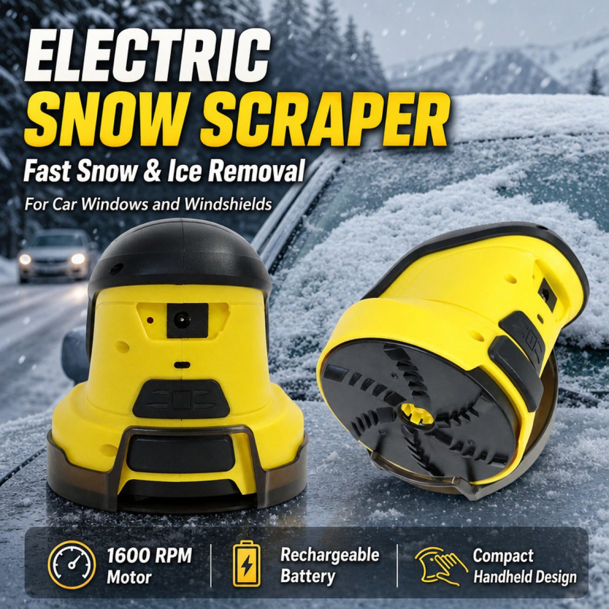Car Window Ice electric snow scraper in bright yellow and black plastic, with a compact handheld design and circular scraping head